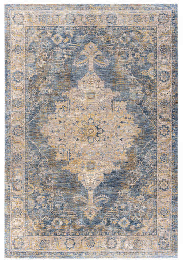 Detailed view of the Rhoose Traditional Area Rug with charcoal, beige, and mustard floral and geometric pattern. Design-Rectangle-6796