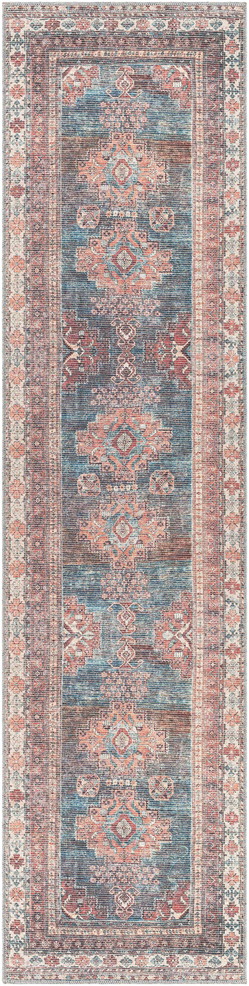 Close-up of Baltinglass Rust & Blue Washable Area Rug runner with oriental design, brick red, cream, and blue colors. Design-Runner-2710