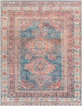 Detailed Baltinglass Rust & Blue Washable Area Rug. Traditional oriental pattern with blue, rust, and cream colors. Design-Rectangle-710102