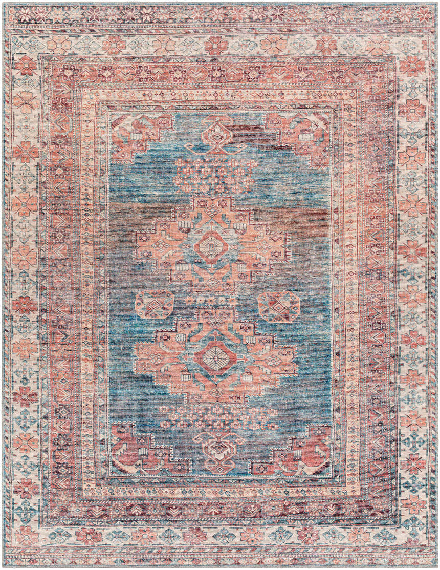 Detailed Baltinglass Rust & Blue Washable Area Rug. Traditional oriental pattern with blue, rust, and cream colors. Design-Rectangle-710102