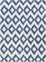 Close-up of the Oradell Blue Ikat Wool Rug. Cream background with a navy blue diamond ikat pattern. Hand woven texture. Design-Rectangle-811