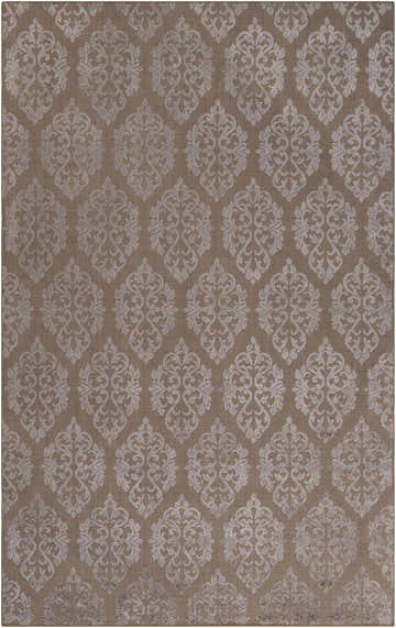 Close-up of the tan Riddle Carpet featuring a medium gray, hand-loomed damask pattern. Contemporary style. Design-Rectangle