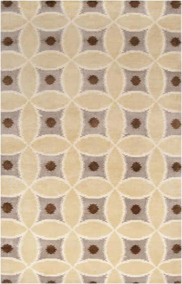 Close-up of the Rindge Area Carpet. Contemporary wool rug with brown, ivory, and mustard floral geometric pattern. Design-Rectangle-58