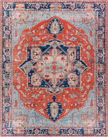 Detailed Ripplemead Area Rug close-up. Traditional oriental design in burnt orange, navy, teal, and beige. Machine woven polyester. Design-Rectangle-7696