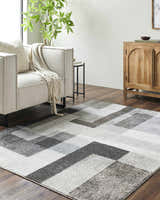 Living room scene with a Raisa Area Rug. Contemporary rug with geometric pattern in gray, cream, and black tones. Roomscene-Rectangle