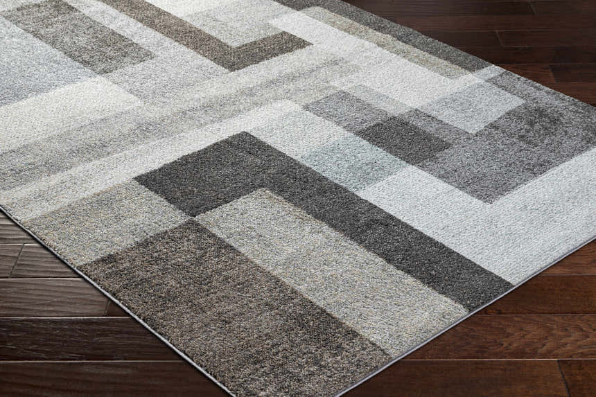 Close-up of Raisa Area Rug featuring a contemporary geometric pattern in aqua, black, cream, and gray tones on dark wood flooring. Corner