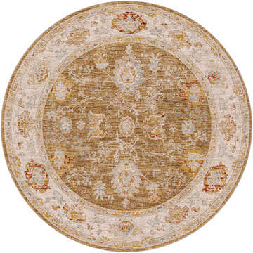 Round Rangeville Thick Luxe Statement Rug with brown, cream, and burnt orange oriental pattern. Design-Round-53