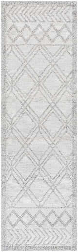 Close-up of the Rena Area Rug in arctic stone and gray, featuring a hand-woven diamond pattern and textured border. Design-Runner-268