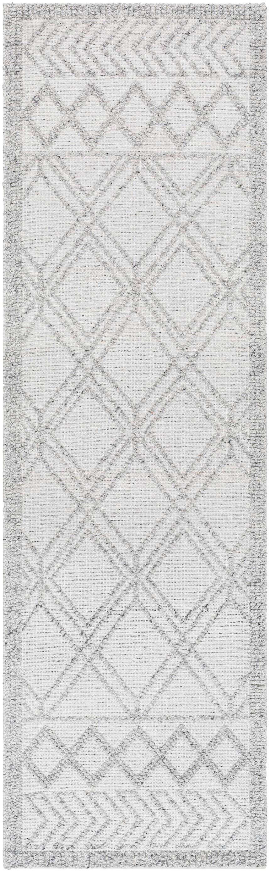 Close-up of the Rena Area Rug in arctic stone and gray, featuring a hand-woven diamond pattern and textured border. Design-Runner-268