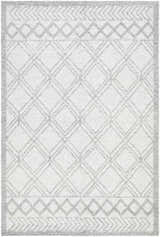 Close-up of the Rena Area Rug. Hand-woven farmhouse style rug in arctic stone, dark gray, and gray with a geometric diamond pattern. Design-Rectangle-576