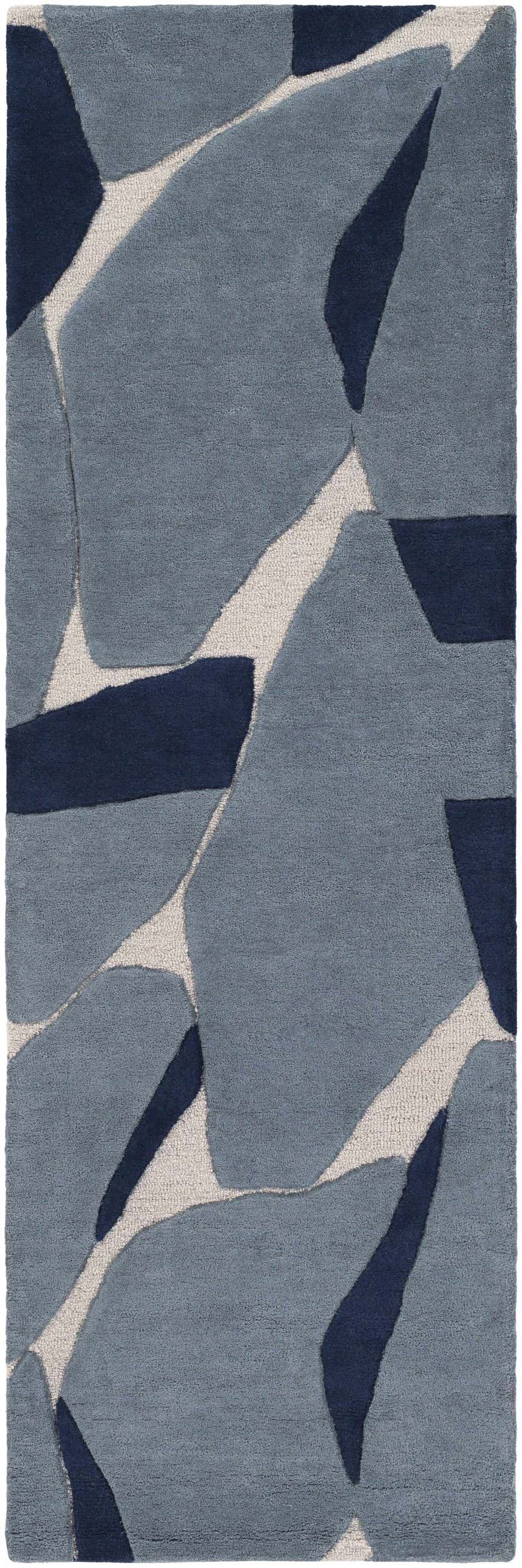 Close-up of the Robbins Modern Blue Wool Rug featuring a geometric pattern in blue, light slate, and navy. Design-Runner-268