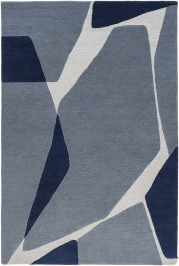 Close-up of the Robbins Modern Blue Wool Rug featuring a geometric pattern in blue, light slate, and navy. Design-Rectangle-576
