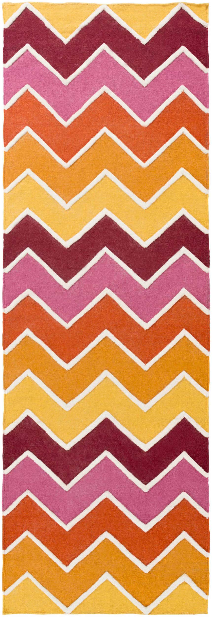 Close-up of the Rockmart Clearance Rug, a hand-woven wool rug with a brick red, orange, rose, and mustard chevron pattern. Design-Runner-268
