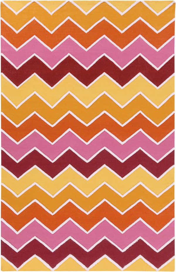 Close up of the hand woven Rockmart Clearance Rug. Chevron pattern in brick red, rose, mustard, burnt orange, and ivory. Design-Rectangle-58
