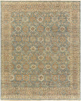 Close-up of the Rockton Area Rug. Hand-knotted wool rug in dusty sage, light beige, and brown with a traditional oriental pattern. Design-Rectangle-810