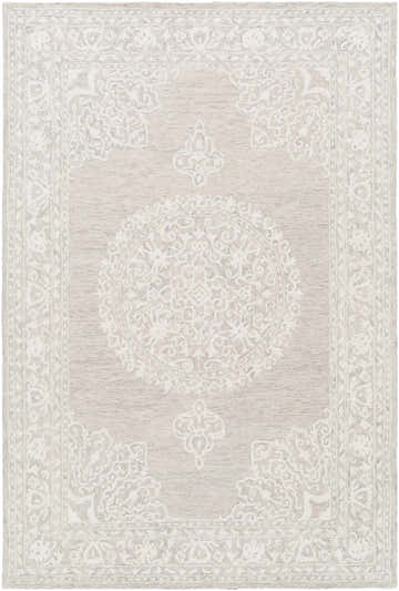 Close-up of the Roessleville Cream Wool Area Rug. Features a cream and gray traditional, oriental-inspired pattern. Design-Rectangle-576