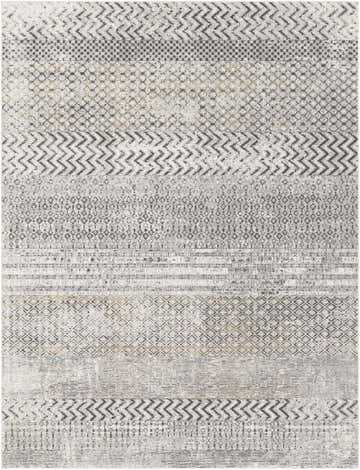 Close-up of the Rombauer Area Rug. Charcoal, gray, and off-white geometric patterns with a touch of mustard. Contemporary style. Design-Rectangle-710103