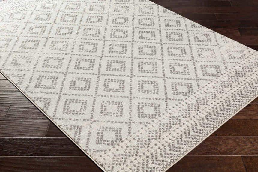 Close-up of the Romeoville Area Rug, a machine-woven rug with a gray and white geometric pattern on a dark wood floor. Corner