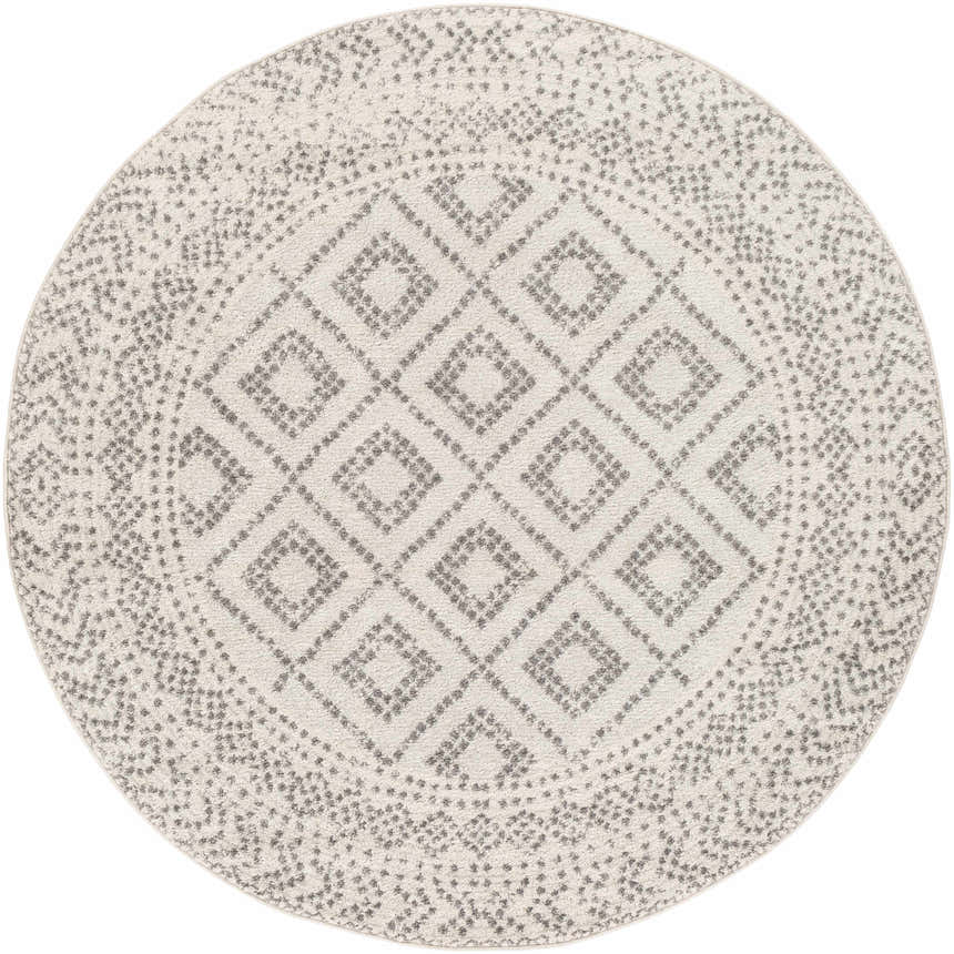 Round Romeoville Area Rug. Bohemian style rug in charcoal, gray, and white with a diamond pattern. Machine woven polypropylene. Design-Round-53