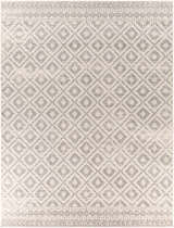 Close-up of the Romeoville Area Rug. Bohemian style rug with a diamond pattern in charcoal gray and white. Design-Rectangle-710103