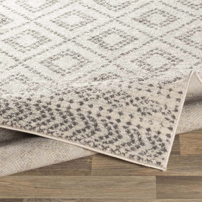 Close-up of the Romeoville Area Rug. Charcoal, gray, and white geometric diamond pattern. Machine woven texture. Fold