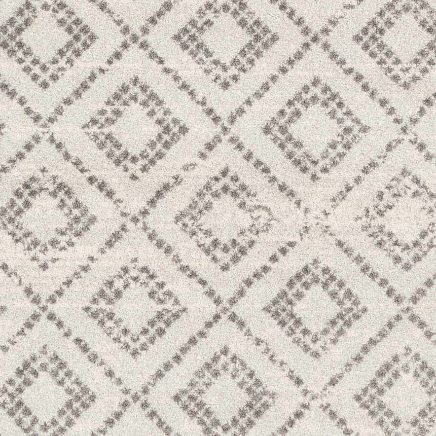 Close-up of the Romeoville Area Rug. Charcoal gray diamond pattern on a light slate and white, machine woven polypropylene rug. Swatch