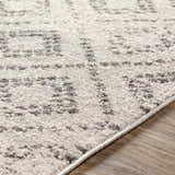 Close-up of the Romeoville Area Rug. Charcoal and gray bohemian pattern on a soft, machine-woven polypropylene rug. Texture