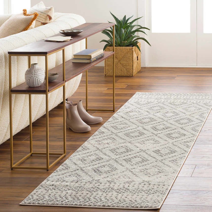 Living room scene with Romeoville Area Rug runner in gray and white, styled with a console table and neutral sofa. Roomscene-Runner