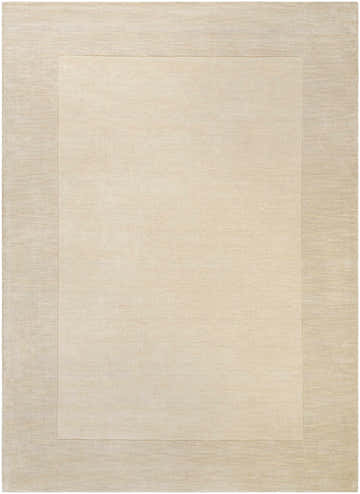 Close-up of a hand-loomed Bordered Solid Beige Cream Wool Rug. The rug has a subtle, contemporary design. Design-Rectangle-811