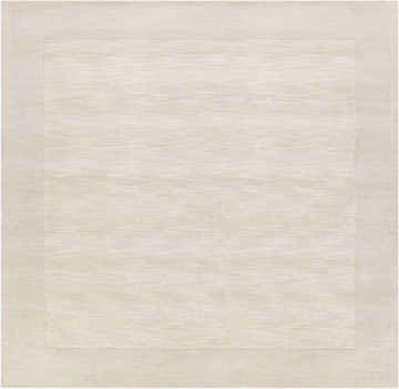 Close-up of a Bordered Solid Beige Cream Wool Rug. Hand-loomed, with a subtle border detail and soft, neutral tones. Design-Square-8