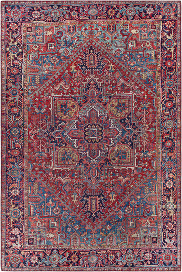 Detailed Ronneby Red Traditional Area Rug. Features cream, dark blue, navy, red, tan, and teal colors in an oriental pattern. Design-Rectangle-576