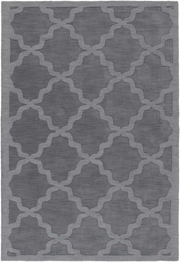 Close-up of the Ropesville Wool Area Rug in gray, showcasing its geometric quatrefoil pattern and hand-loomed texture. Design-Rectangle-576