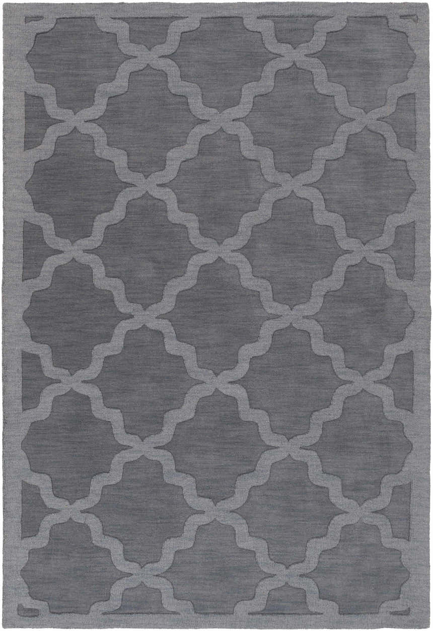 Close-up of the Ropesville Wool Area Rug in gray, showcasing its geometric quatrefoil pattern and hand-loomed texture. Design-Rectangle-576