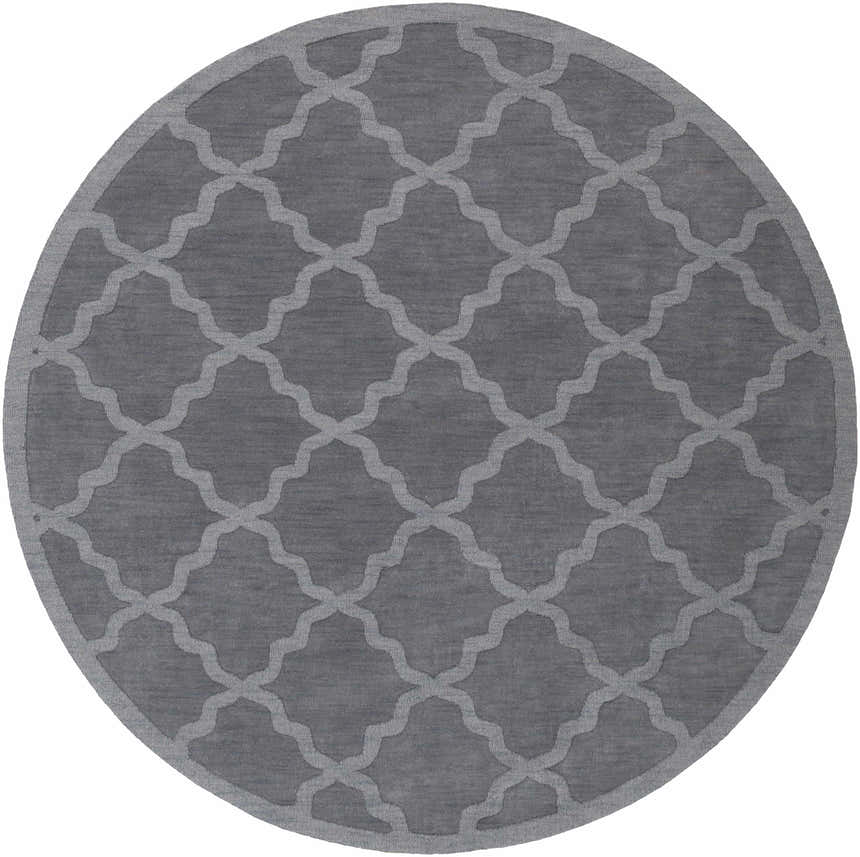 Round gray Ropesville Wool Area Rug with a light gray quatrefoil pattern. Hand-loomed wool rug. Design-Round-79