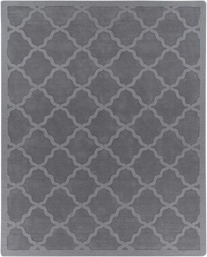 Gray Ropesville Wool Area Rug with a light gray quatrefoil pattern and border. Hand-loomed texture. Design-Rectangle-810