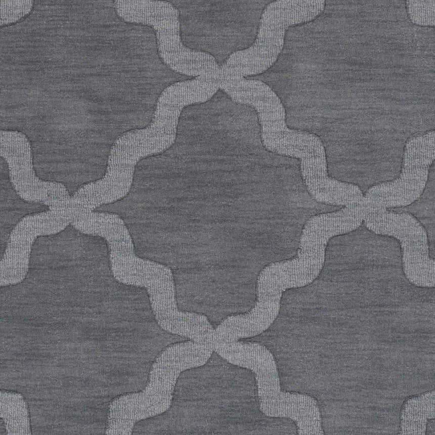 Close-up of the gray Ropesville Wool Area Rug featuring a contemporary quatrefoil pattern and hand-loomed texture. Swatch