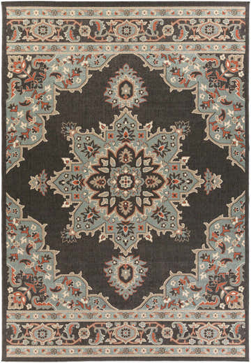 Close-up of the Roseglen Area Rug. Black background with brick red, brown, sage, and white floral and geometric oriental design. Design-Rectangle-76109