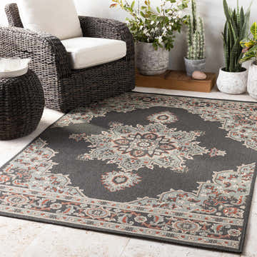 Patio scene with a Roseglen Area Rug, wicker furniture, and potted plants. The rug has black, red, sage, and white colors. Roomscene-Rectangle