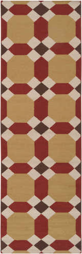 Close-up of the Rossiter Area Carpet featuring a geometric pattern in beige, burgundy, brown, mustard, and sky. Design-Runner-268
