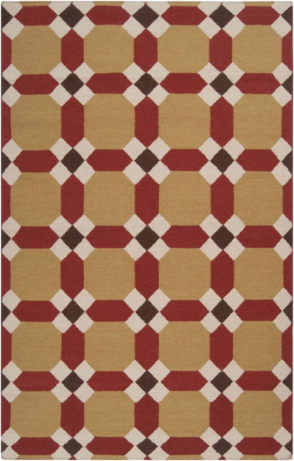 Close-up of Rossiter Area Carpet with beige, burgundy, brown, and white geometric pattern. Hand woven wool texture. Design-Rectangle-58