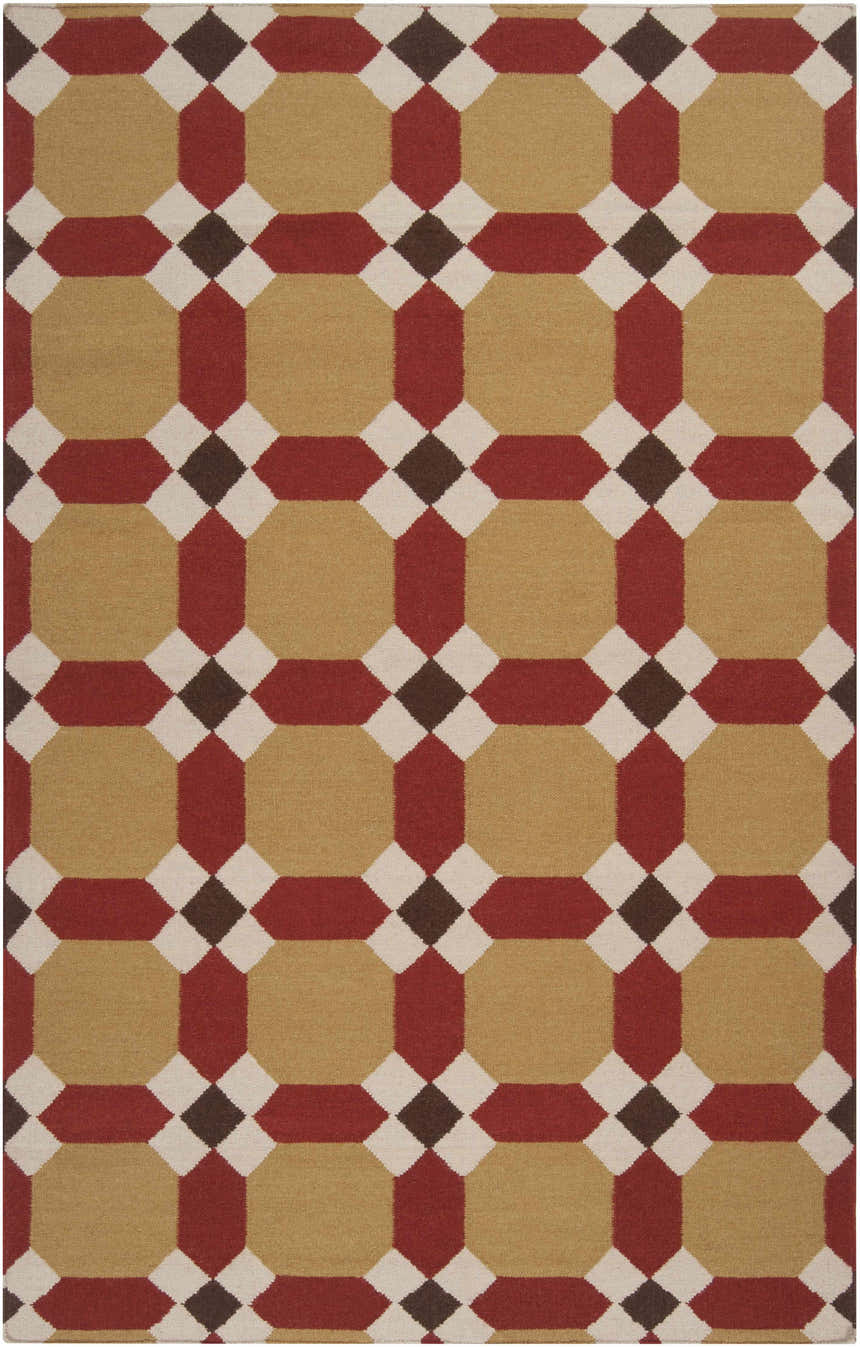 Close-up of Rossiter Area Carpet with beige, burgundy, brown, and white geometric pattern. Hand woven wool texture. Design-Rectangle-58