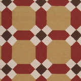 Close-up of the Rossiter Area Carpet showcasing its geometric pattern in beige, burgundy, brown, and mustard hues. Swatch