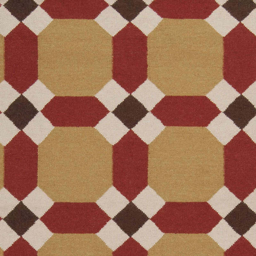 Close-up of the Rossiter Area Carpet showcasing its geometric pattern in beige, burgundy, brown, and mustard hues. Swatch