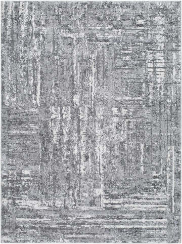 Close-up of the Roald Gray Area Rug. Features a textured, abstract pattern in gray, light silver, and silver gray tones. Design-Rectangle-5373