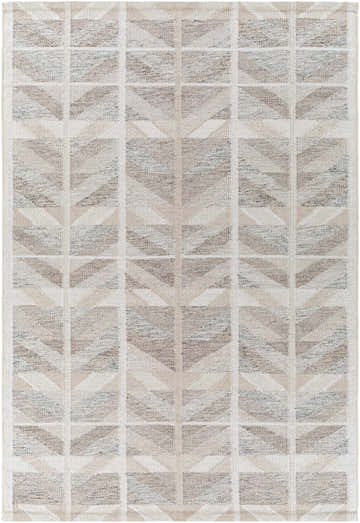 Close-up of the Rosewell Area Rug: a hand-woven rug with a geometric pattern in beige, cream, and gray tones. Design-Rectangle-576