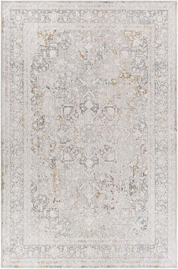Close-up of the Eley Traditional Area Rug, showcasing its intricate bohemian pattern in light gray, taupe, and subtle brick red. Design-Rectangle-6796