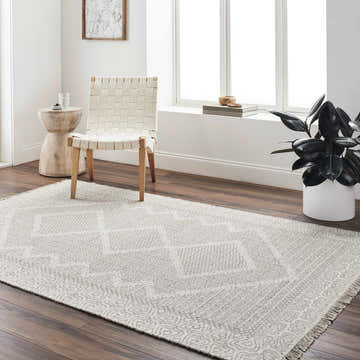 Minimalist room scene with a beige Rumi Area Rug, woven chair, side table, and plant near a window. Roomscene-Rectangle