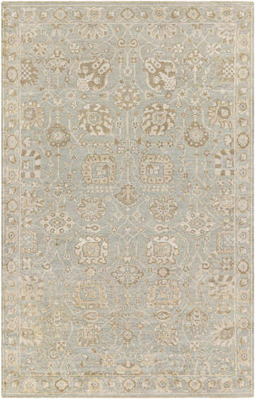 Close-up of the hand-knotted Ravenshead Area Rug. Oriental design in dusty sage, light beige, taupe and yellow. Design-Rectangle-69