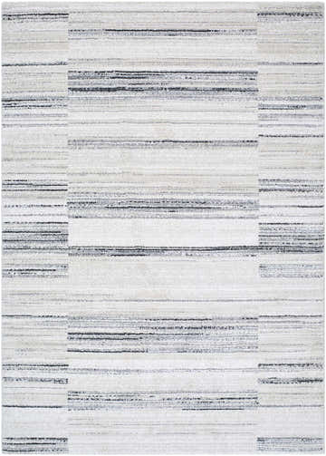 Close up of Rumer Luxe Rug, featuring a contemporary striped pattern in beige, black, cream, and white. Design-Rectangle-5373