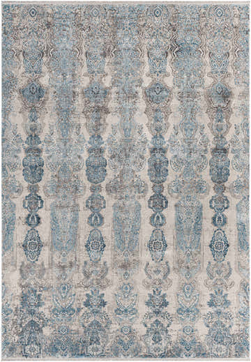 Close-up of Rydalmere Luxury Ultra Soft Rug. Rectangle rug with traditional blue and gray damask pattern. Design-Rectangle